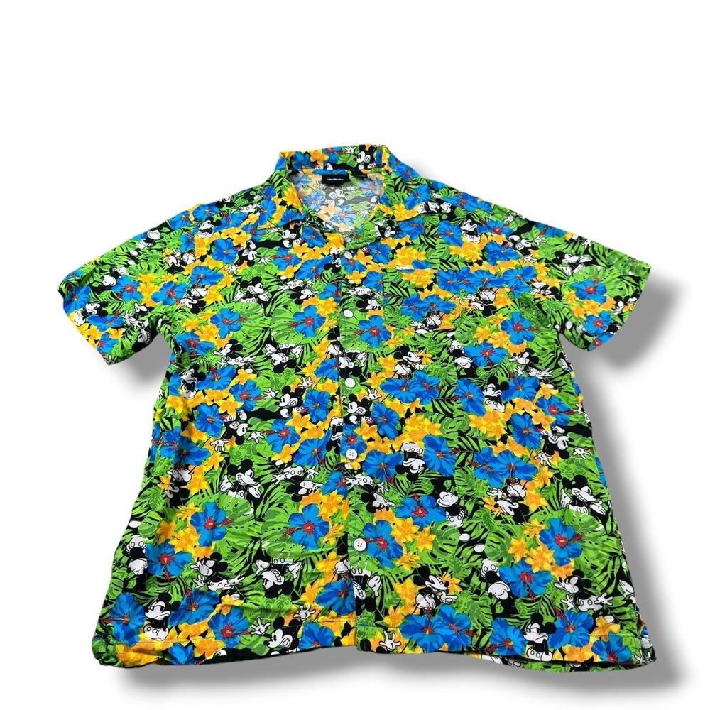 Disney Mickey Mouse Floral Hawaiian Button Front Shirt Adult Sz Large EUC